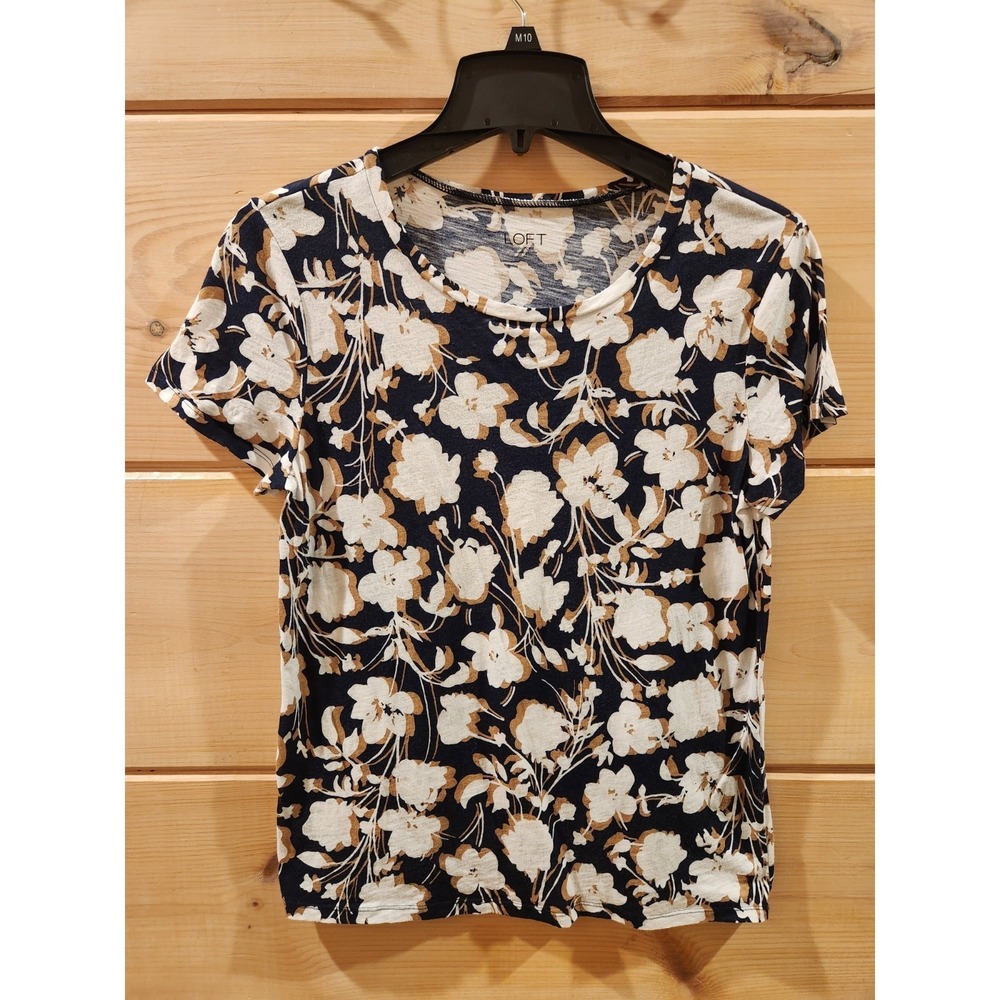 LOFT Outlet Floral T-Shirt Womens Medium‎ Navy Blue Tan Boho Cotton Slub Knit M